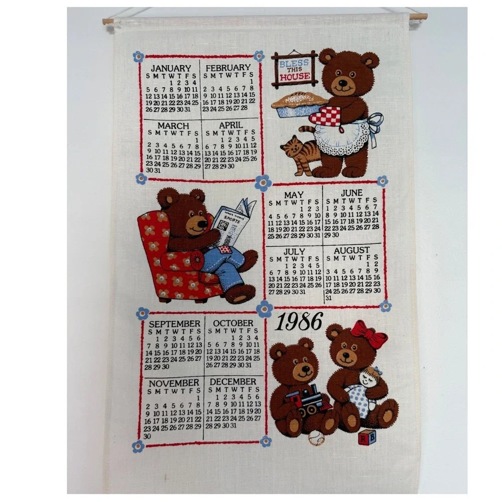 Vtg 1986 Bless This House Mama Papa Baby Bears Calendar Linen Tea‎ Towel